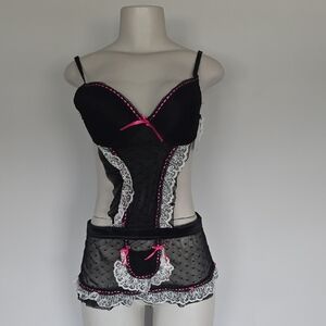 Rene Rofe sexy black/fuschia one piece French Maid lingerie-6/M
